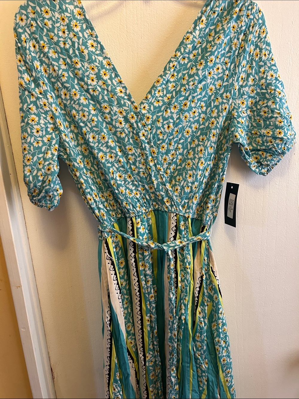 Lapis Teal Floral High-Low Wrap Dress with Yellow Accents